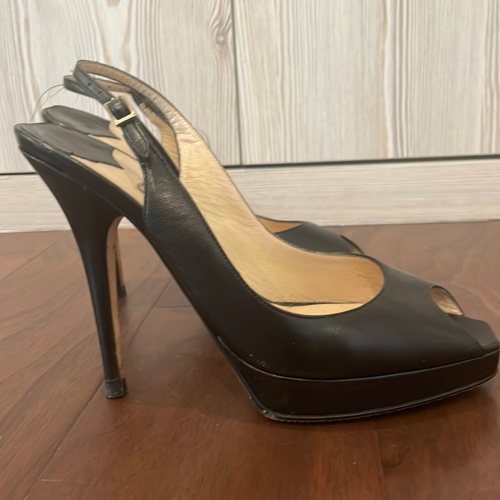 Jimmy Choo Black Leather Peep Toe Slingback Heels